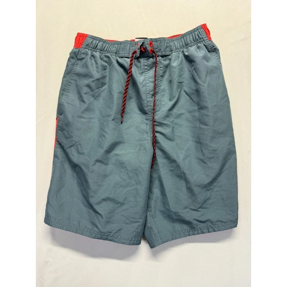 Nike‎ Board Shorts Mens Medium Smoky Gray Red Swoosh Logo Swimwear Drawstring